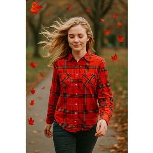 A New Day Plaid Flannel Shirt Button Down‎ Long Sleeve Red Orange L